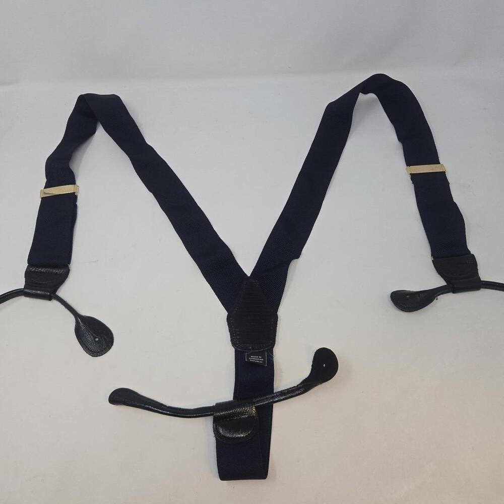 Men's Navy Blue Button-On Suspenders Braces Black Lizard Embossed Leather
